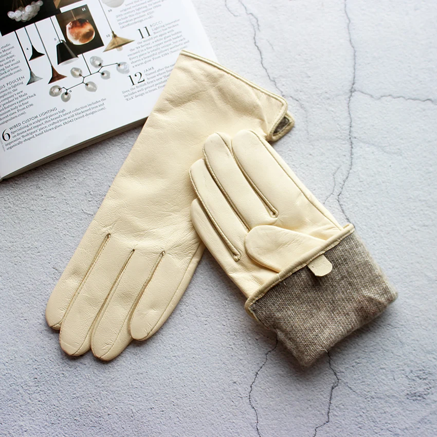 Women's Winter Warm Color Leather Gloves Fashion Striped Style Windproof Sheepskin Velvet Lining Driving Gloves