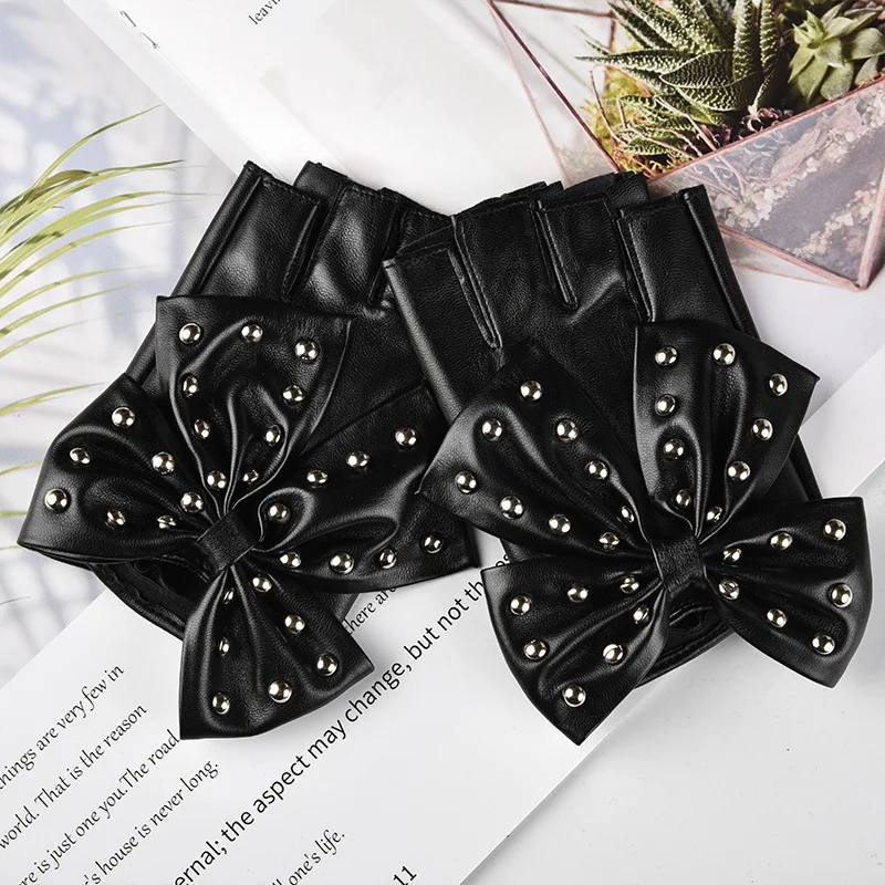 Fashion Fingerless Cosplay PU Leather Gloves Big Bow Rivet Sexy Disco Dancing Rock And Roll Black Punk Show Half Finger Mittens