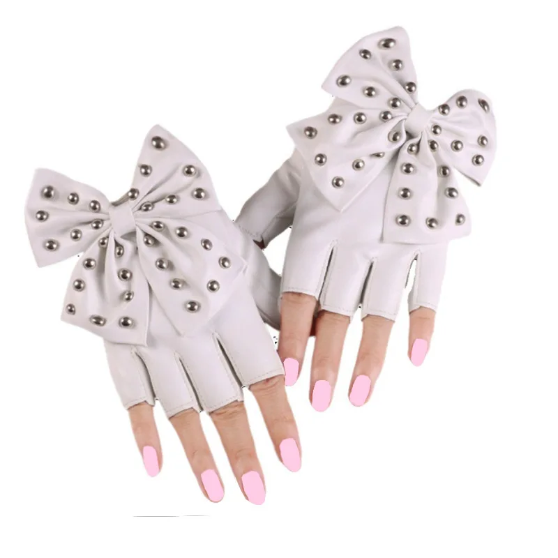 Fashion Fingerless Cosplay PU Leather Gloves Big Bow Rivet Sexy Disco Dancing Rock And Roll Black Punk Show Half Finger Mittens