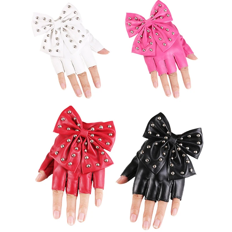 Fashion Fingerless Cosplay PU Leather Gloves Big Bow Rivet Sexy Disco Dancing Rock And Roll Black Punk Show Half Finger Mittens