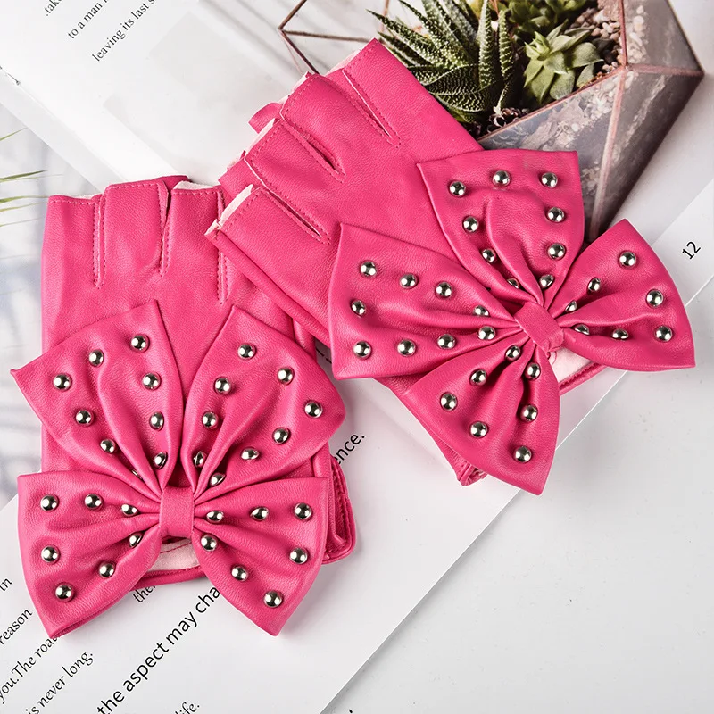 Fashion Fingerless Cosplay PU Leather Gloves Big Bow Rivet Sexy Disco Dancing Rock And Roll Black Punk Show Half Finger Mittens