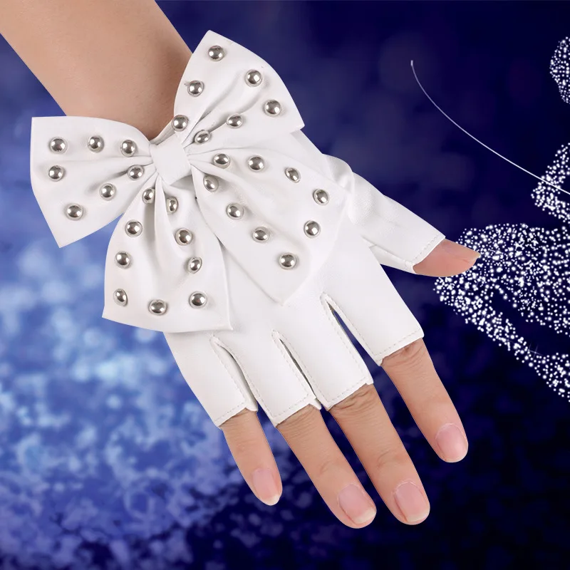 Fashion Fingerless Cosplay PU Leather Gloves Big Bow Rivet Sexy Disco Dancing Rock And Roll Black Punk Show Half Finger Mittens