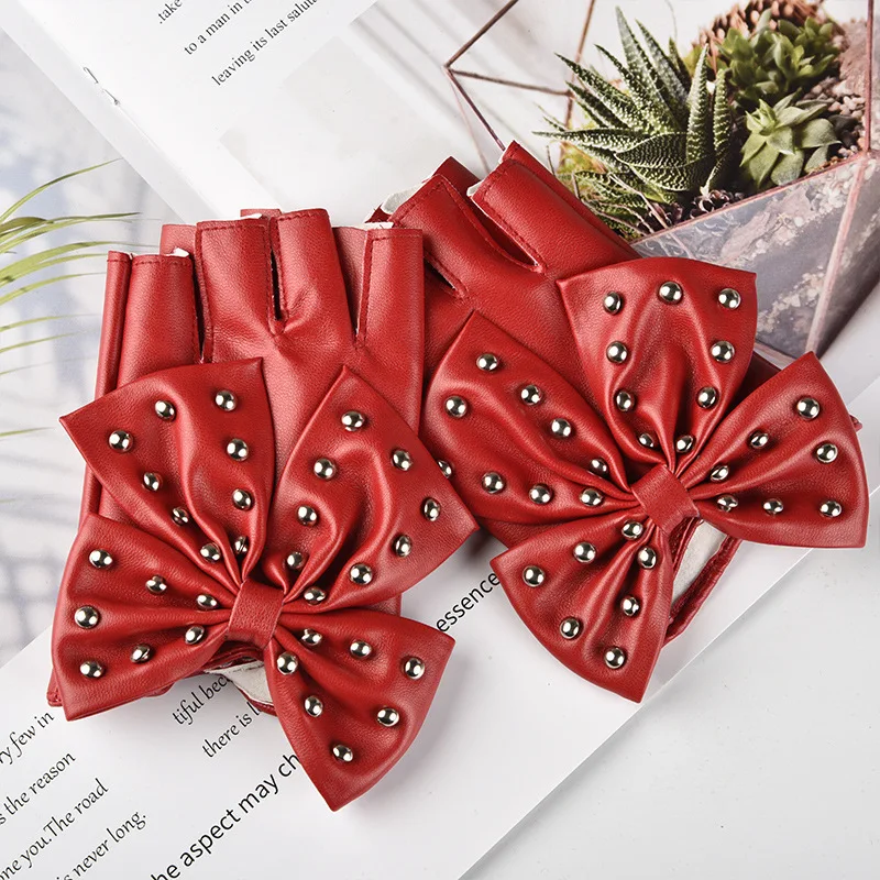 Fashion Fingerless Cosplay PU Leather Gloves Big Bow Rivet Sexy Disco Dancing Rock And Roll Black Punk Show Half Finger Mittens
