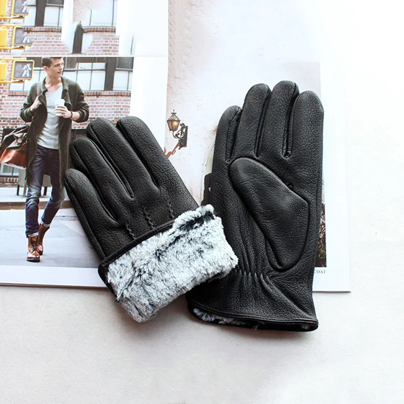 Goatskin Deerskin Gloves Men's Leather New Thin Fleece Lining Winter Warmth and Thickening Outdoor Motorcycle Riding and Driving