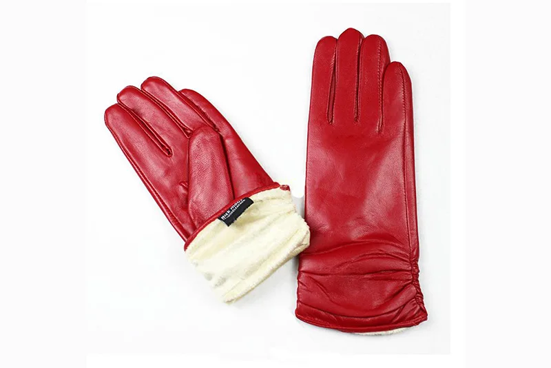 Women's Sheepskin Leather Gloves With Velvet Lining For Warmth in Autumn and Winter Outdoor Anti Cold Motorcycle Driving Gloves