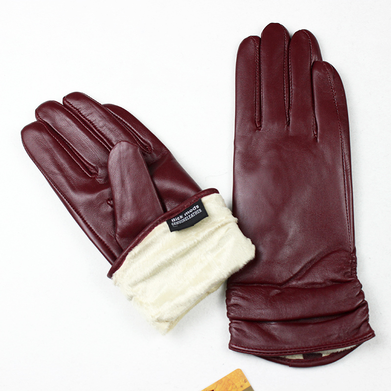 Women's Sheepskin Leather Gloves With Velvet Lining For Warmth in Autumn and Winter Outdoor Anti Cold Motorcycle Driving Gloves
