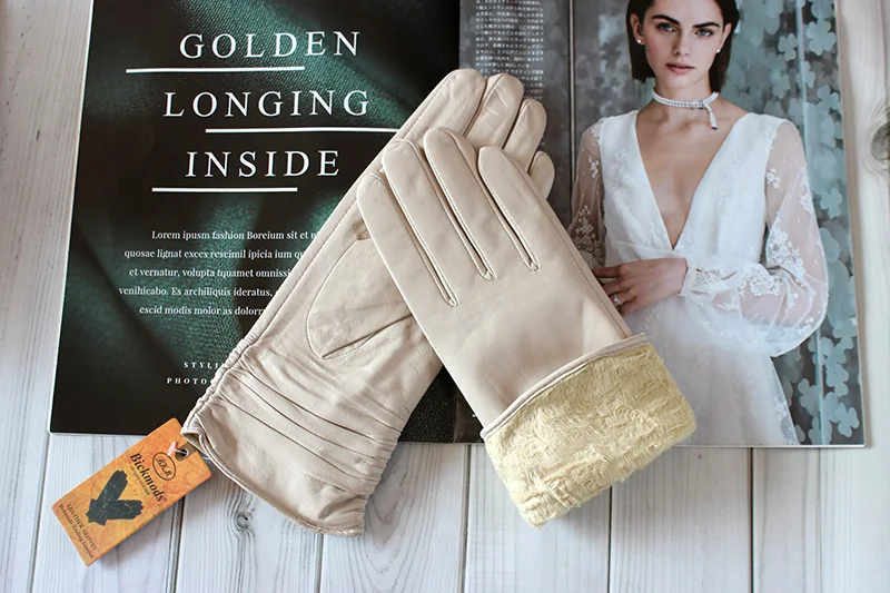 Women's Sheepskin Leather Gloves With Velvet Lining For Warmth in Autumn and Winter Outdoor Anti Cold Motorcycle Driving Gloves