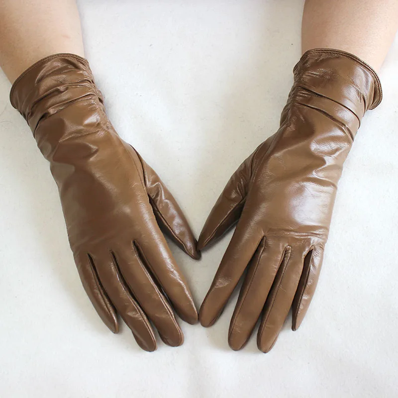 Women's Sheepskin Leather Gloves With Velvet Lining For Warmth in Autumn and Winter Outdoor Anti Cold Motorcycle Driving Gloves