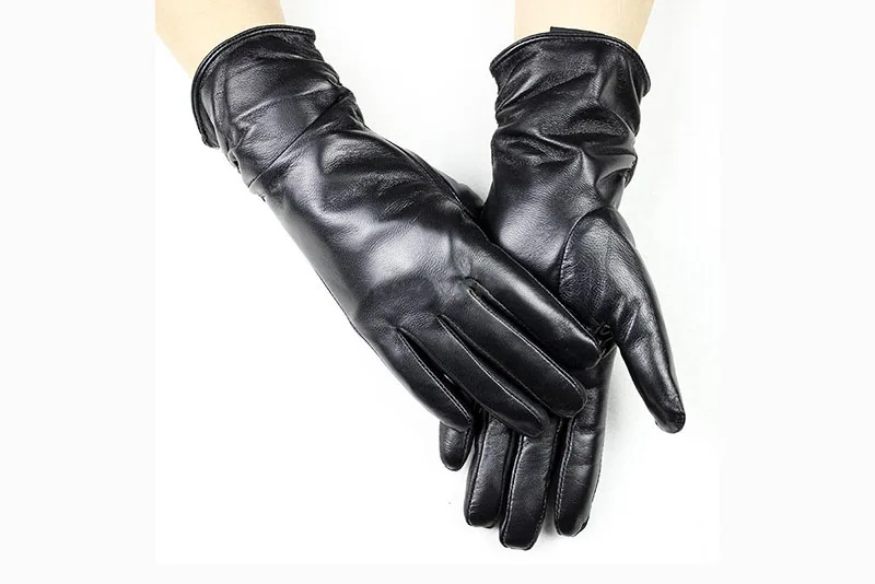 Women's Sheepskin Leather Gloves With Velvet Lining For Warmth in Autumn and Winter Outdoor Anti Cold Motorcycle Driving Gloves