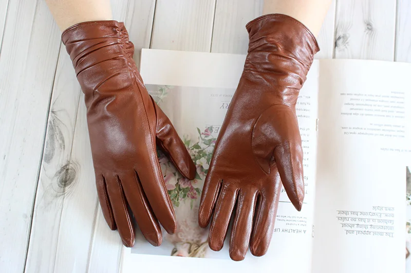 Women's Sheepskin Leather Gloves With Velvet Lining For Warmth in Autumn and Winter Outdoor Anti Cold Motorcycle Driving Gloves