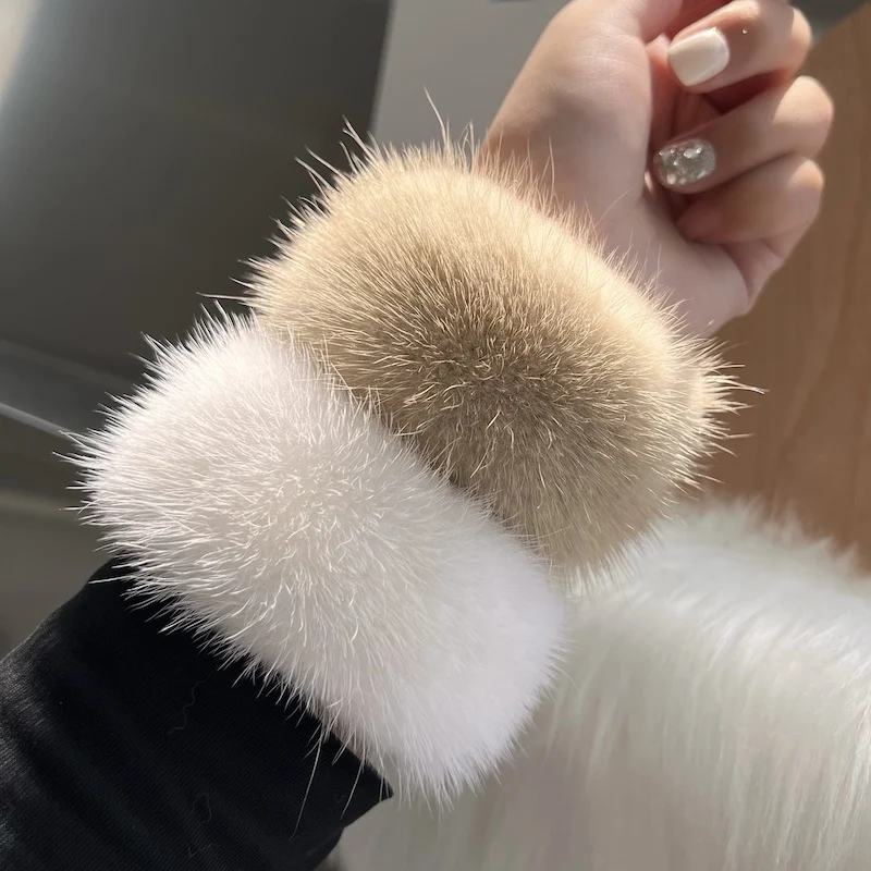 Real Mink Fur Cuffs Sex Hand Arm Warmers Natural Mink Fur Cuffs Wristbands Female Warm Rabbit Hair for Women Manga