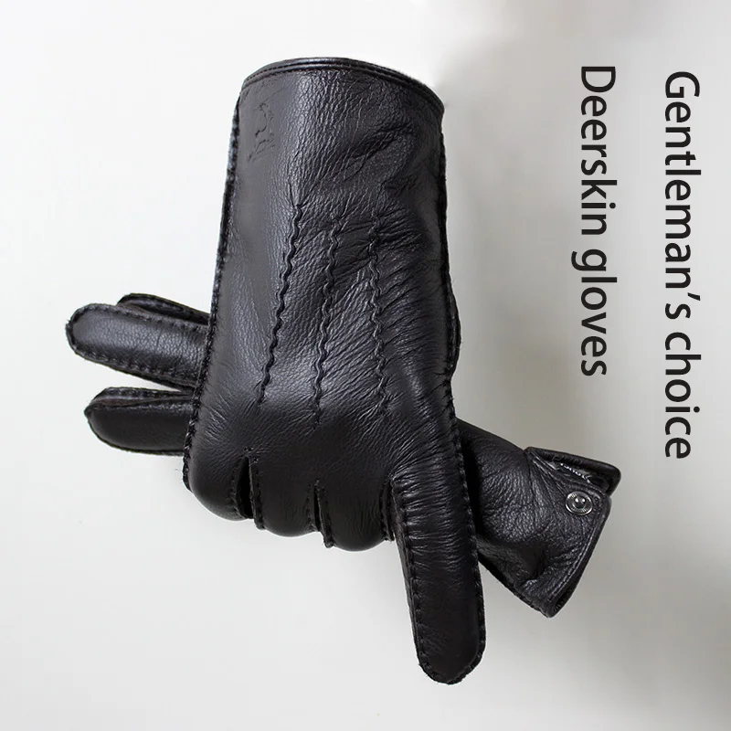 Winter Driving Leather Deerskin Gloves Men's Fashion New Wool Lining Autumn Warmth Motorcycle Riding Driver Finger Gloves