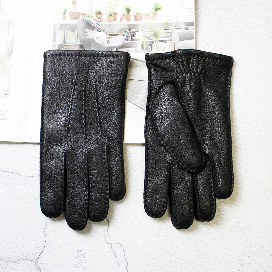 Winter Driving Leather Deerskin Gloves Men's Fashion New Wool Lining Autumn Warmth Motorcycle Riding Driver Finger Gloves