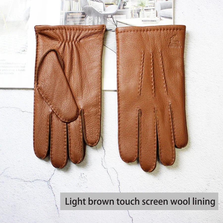 Winter Driving Leather Deerskin Gloves Men's Fashion New Wool Lining Autumn Warmth Motorcycle Riding Driver Finger Gloves