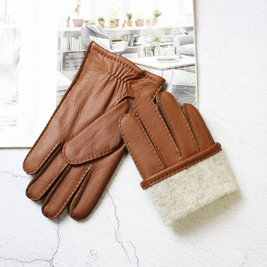 Winter Driving Leather Deerskin Gloves Men's Fashion New Wool Lining Autumn Warmth Motorcycle Riding Driver Finger Gloves