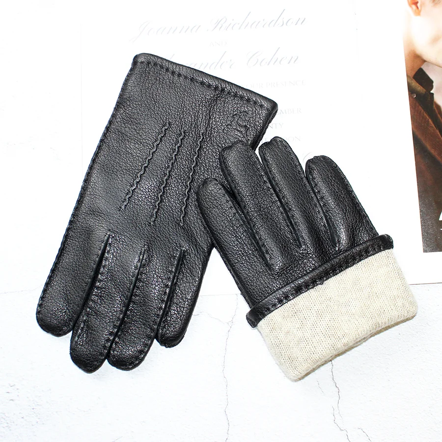 Winter Driving Leather Deerskin Gloves Men's Fashion New Wool Lining Autumn Warmth Motorcycle Riding Driver Finger Gloves