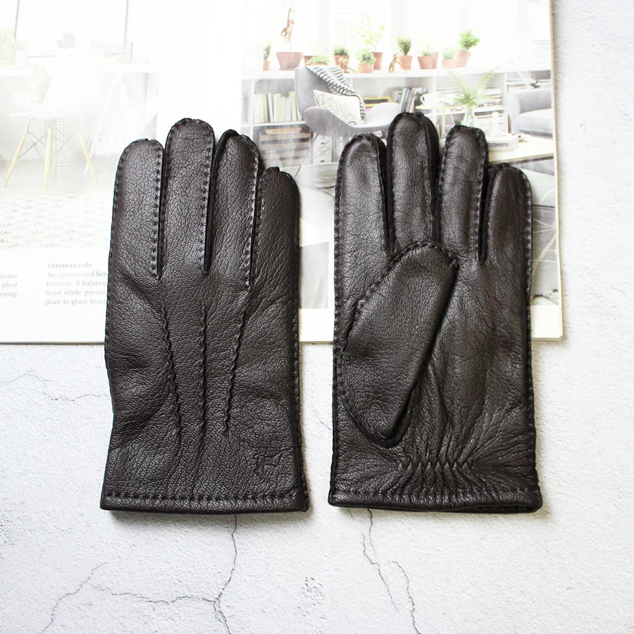Winter Driving Leather Deerskin Gloves Men's Fashion New Wool Lining Autumn Warmth Motorcycle Riding Driver Finger Gloves