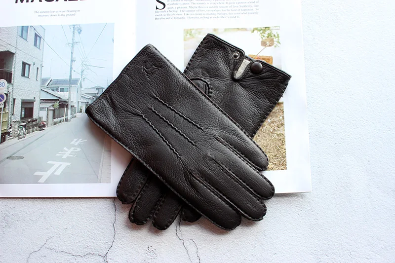 Winter Driving Leather Deerskin Gloves Men's Fashion New Wool Lining Autumn Warmth Motorcycle Riding Driver Finger Gloves