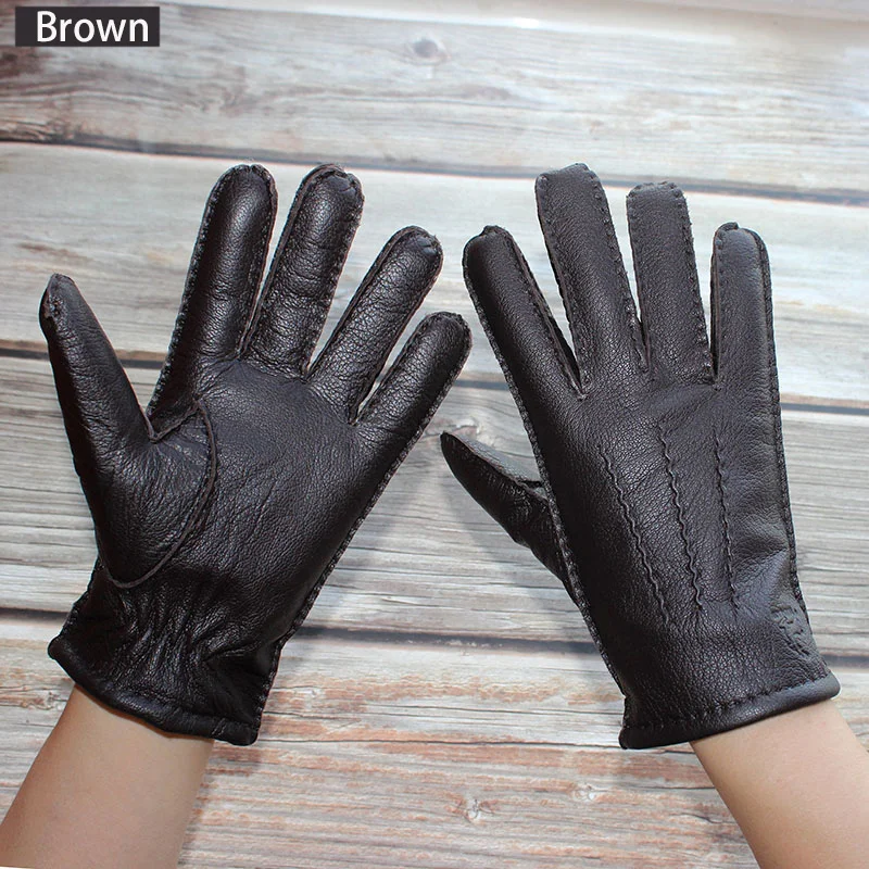 Winter Driving Leather Deerskin Gloves Men's Fashion New Wool Lining Autumn Warmth Motorcycle Riding Driver Finger Gloves