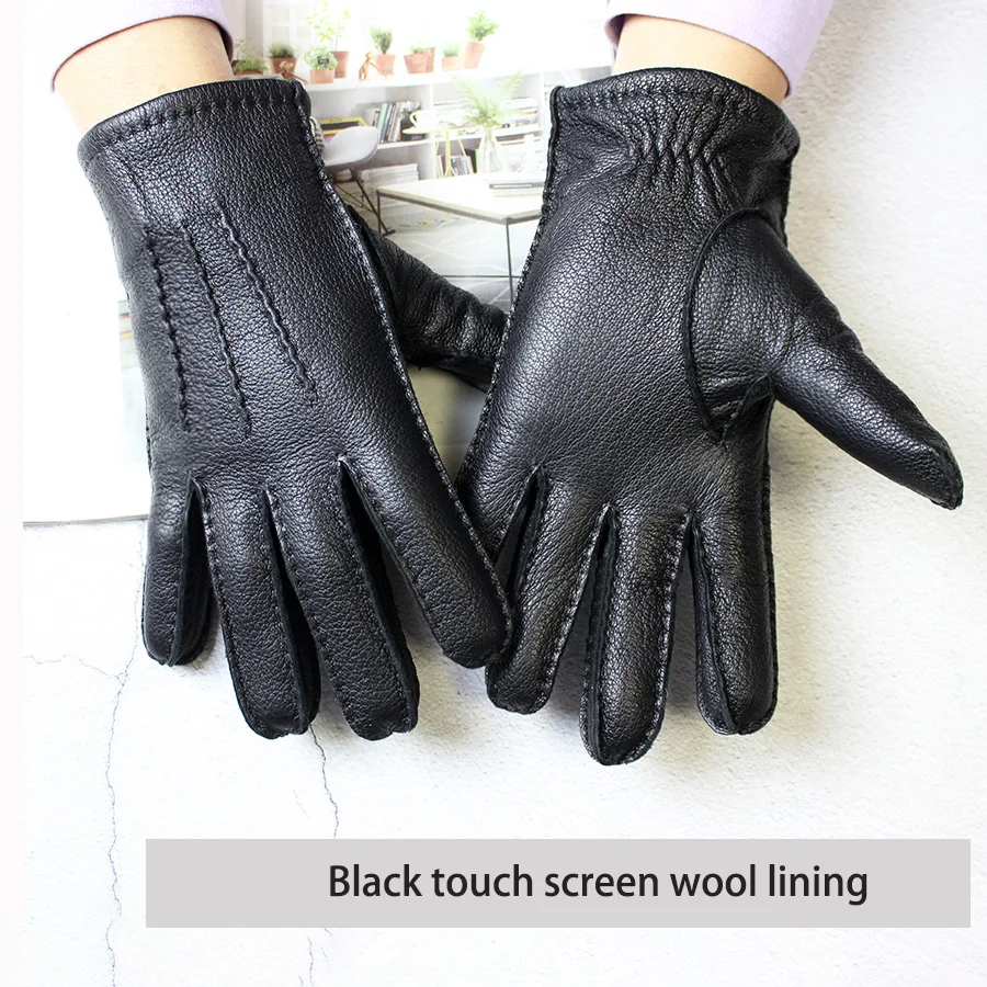 Winter Driving Leather Deerskin Gloves Men's Fashion New Wool Lining Autumn Warmth Motorcycle Riding Driver Finger Gloves