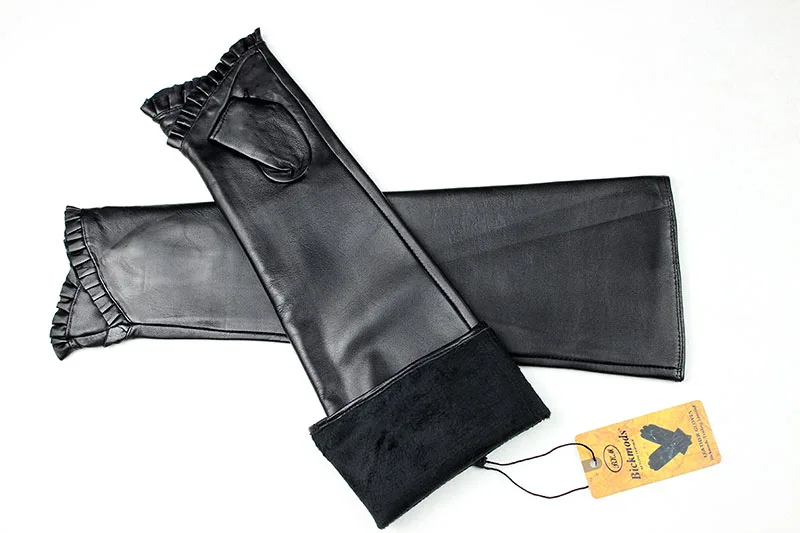 Women's Long Leather Gloves Are Fashionable To Wear With Thin Velvet LIning For Autumn Warmth Sheepskin Half Finger Sleeves