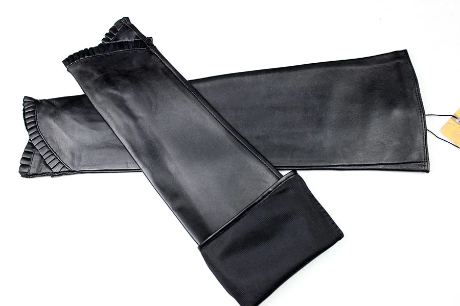 Women's Long Leather Gloves Are Fashionable To Wear With Thin Velvet LIning For Autumn Warmth Sheepskin Half Finger Sleeves