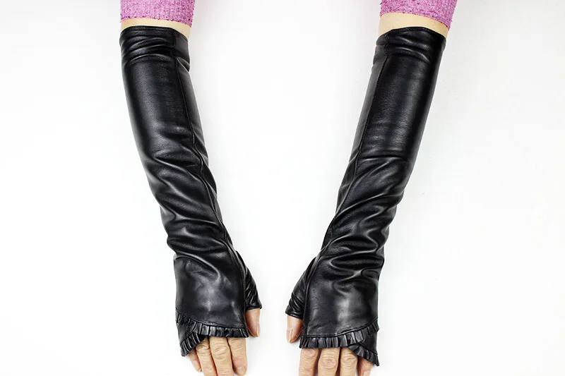 Women's Long Leather Gloves Are Fashionable To Wear With Thin Velvet LIning For Autumn Warmth Sheepskin Half Finger Sleeves
