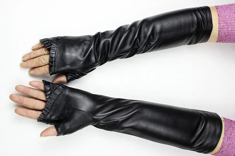 Women's Long Leather Gloves Are Fashionable To Wear With Thin Velvet LIning For Autumn Warmth Sheepskin Half Finger Sleeves
