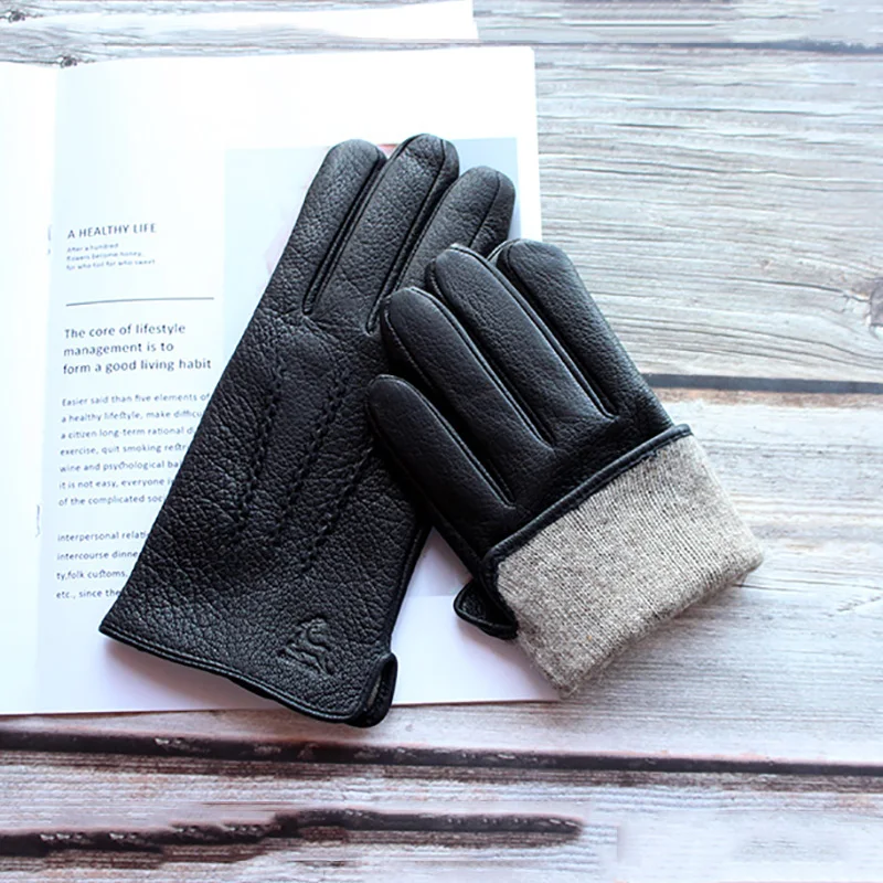 Men's Deer Skin Goat Skin Gloves Fashionable Driver's Autumn and Winter Thick Anti Cold and Warm Motorcycle Riding Gloves