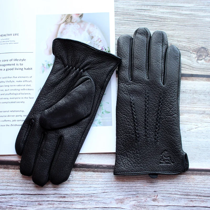 Men's Deer Skin Goat Skin Gloves Fashionable Driver's Autumn and Winter Thick Anti Cold and Warm Motorcycle Riding Gloves