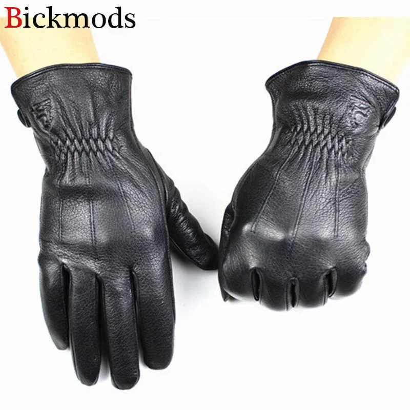 Men's Deer Skin Goat Skin Gloves Fashionable Driver's Autumn and Winter Thick Anti Cold and Warm Motorcycle Riding Gloves