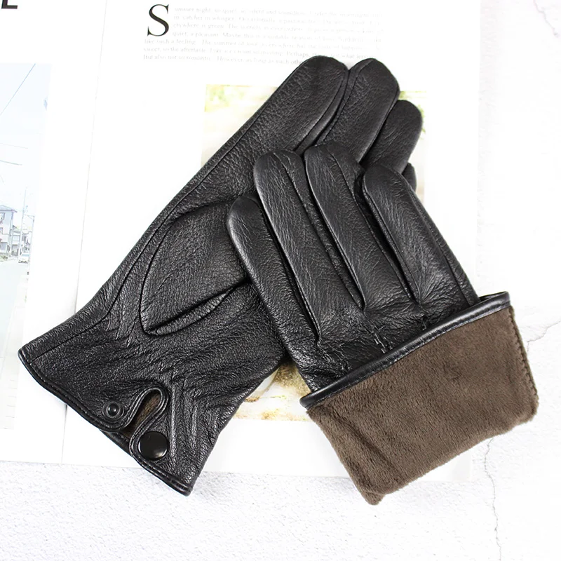 Men's Deer Skin Goat Skin Gloves Fashionable Driver's Autumn and Winter Thick Anti Cold and Warm Motorcycle Riding Gloves