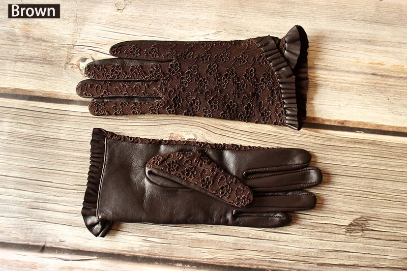 Summer Driving Sheepskin Gloves for Women Touch Screen Leather Unlined Single Layer Thin Fashion Lace Stretch Style