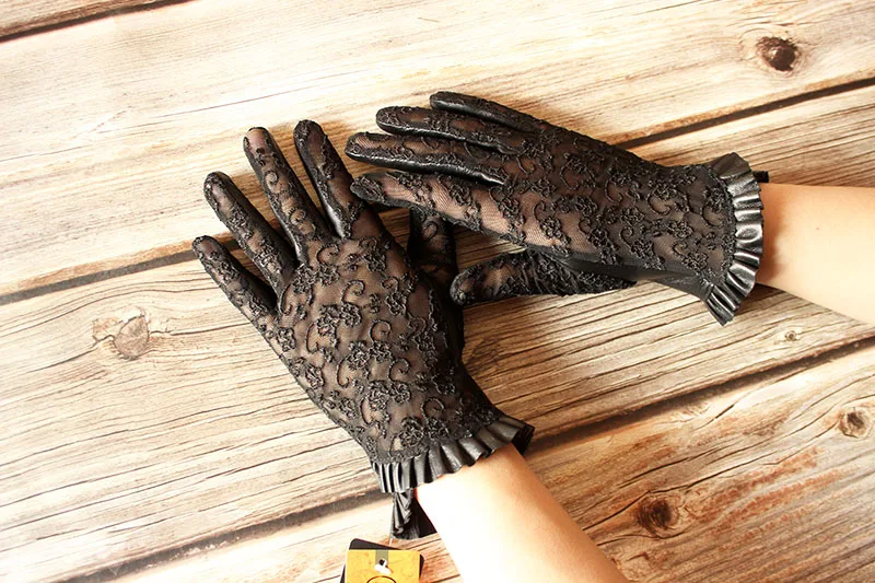 Summer Driving Sheepskin Gloves for Women Touch Screen Leather Unlined Single Layer Thin Fashion Lace Stretch Style