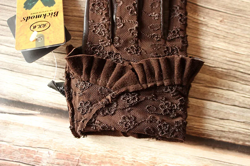 Summer Driving Sheepskin Gloves for Women Touch Screen Leather Unlined Single Layer Thin Fashion Lace Stretch Style
