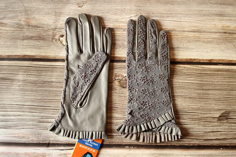 Summer Driving Sheepskin Gloves for Women Touch Screen Leather Unlined Single Layer Thin Fashion Lace Stretch Style