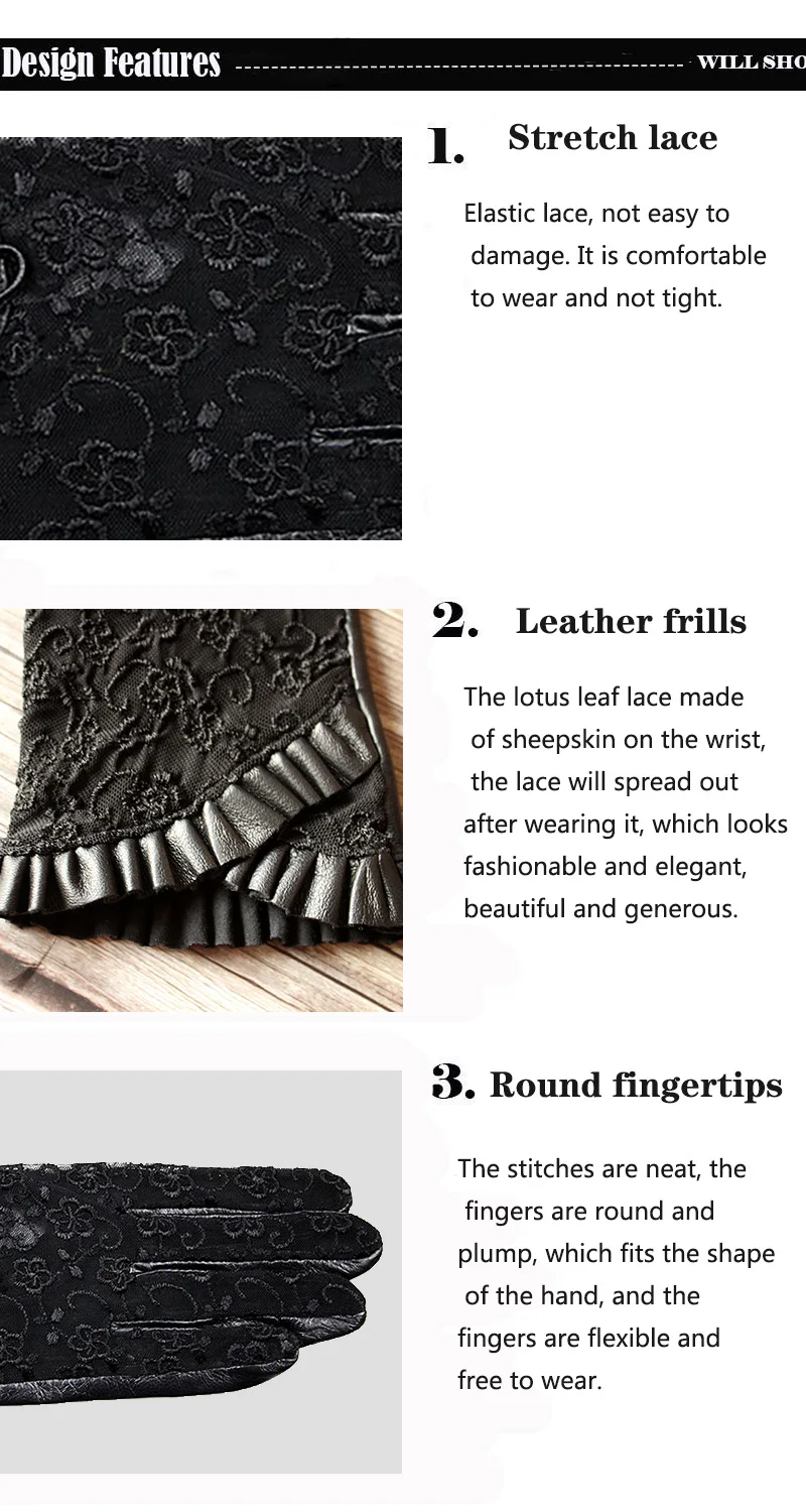 Summer Driving Sheepskin Gloves for Women Touch Screen Leather Unlined Single Layer Thin Fashion Lace Stretch Style