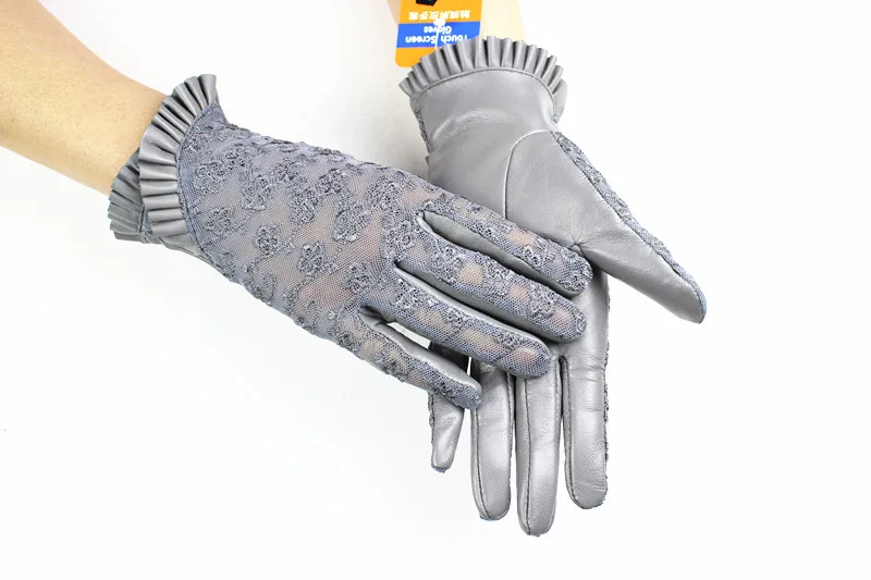 Summer Driving Sheepskin Gloves for Women Touch Screen Leather Unlined Single Layer Thin Fashion Lace Stretch Style