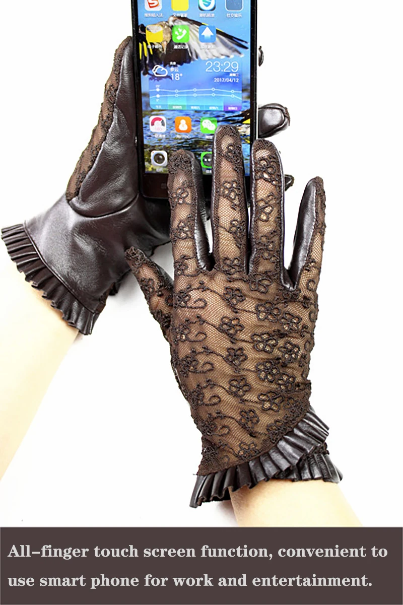 Summer Driving Sheepskin Gloves for Women Touch Screen Leather Unlined Single Layer Thin Fashion Lace Stretch Style