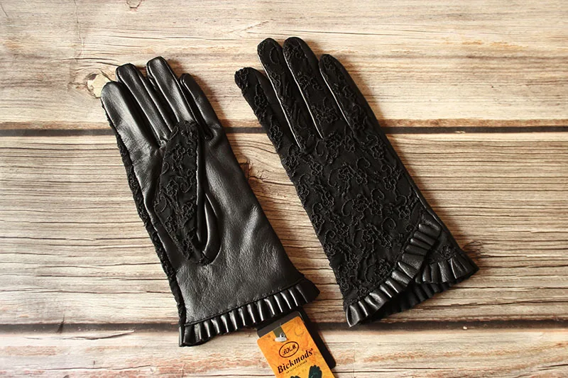 Summer Driving Sheepskin Gloves for Women Touch Screen Leather Unlined Single Layer Thin Fashion Lace Stretch Style
