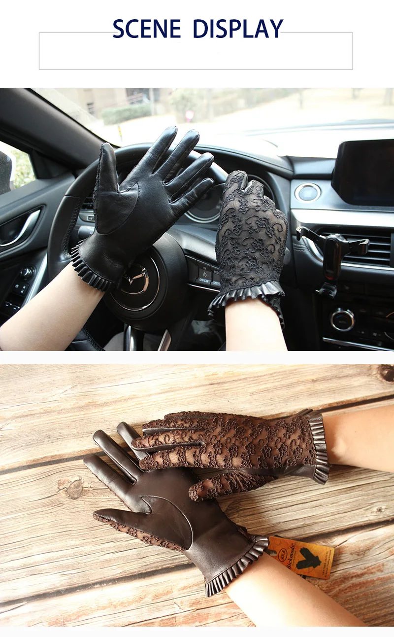 Summer Driving Sheepskin Gloves for Women Touch Screen Leather Unlined Single Layer Thin Fashion Lace Stretch Style