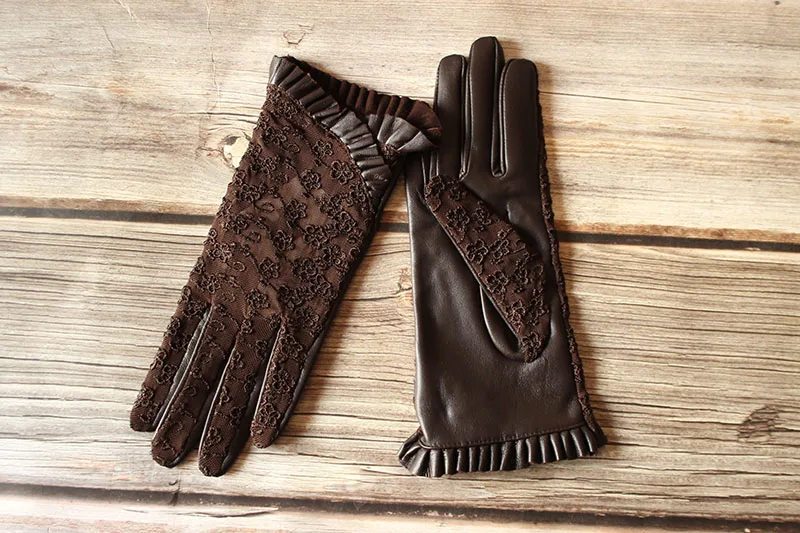 Summer Driving Sheepskin Gloves for Women Touch Screen Leather Unlined Single Layer Thin Fashion Lace Stretch Style