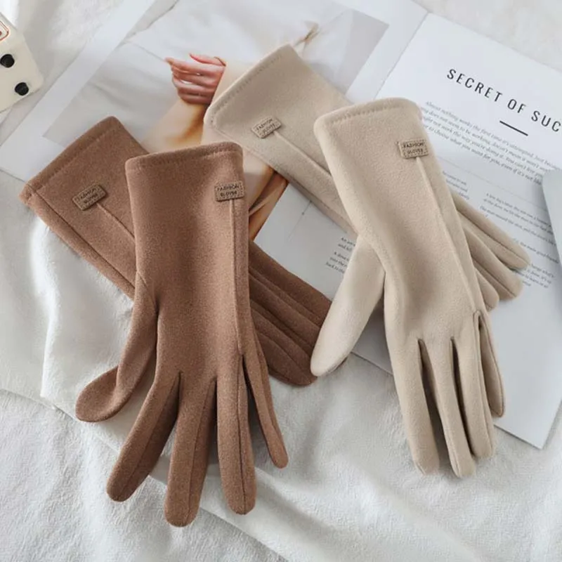 Autumn Winter Warm Plus Velvet Thicken Windproof Cold Proof Touch Screen Gloves For Women's Outdoor Sports Driving Mittens