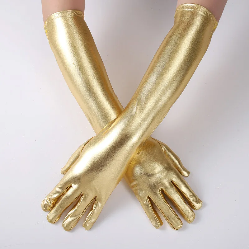 45cm Women Sexy Gold Silver Black Patent Leather Long Gloves Dance Performance Party Halloween Cosplay Club Costume Accessories