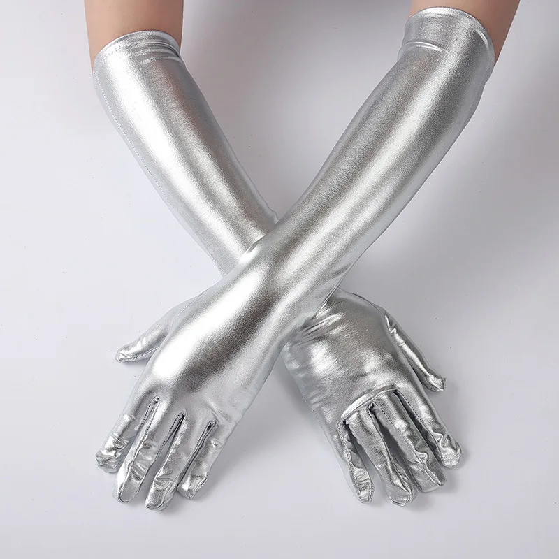 45cm Women Sexy Gold Silver Black Patent Leather Long Gloves Dance Performance Party Halloween Cosplay Club Costume Accessories