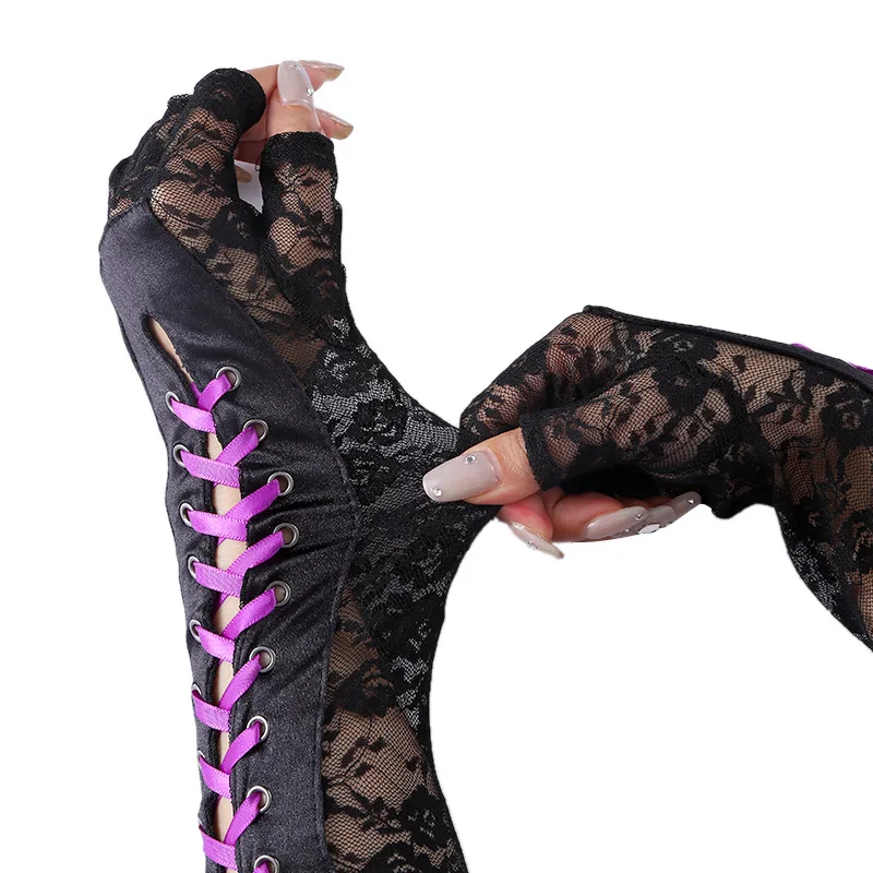 Fashion Girls Fingerless Fishnet Party Gothic Lolita Ribbon Mittens Women Sexy Lace Long Gloves Cosplay Elbow Half-finger Gloves
