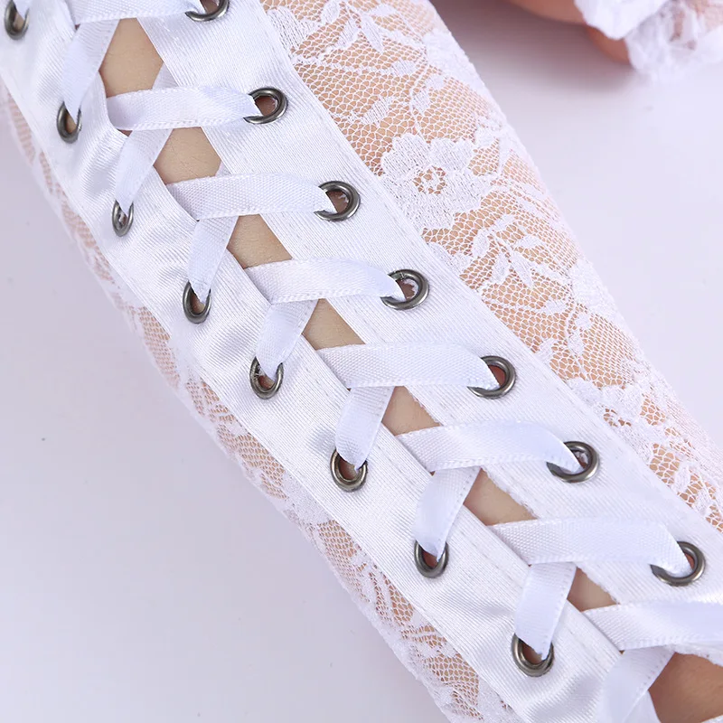 Fashion Girls Fingerless Fishnet Party Gothic Lolita Ribbon Mittens Women Sexy Lace Long Gloves Cosplay Elbow Half-finger Gloves