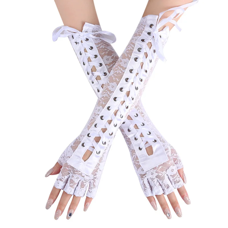 Fashion Girls Fingerless Fishnet Party Gothic Lolita Ribbon Mittens Women Sexy Lace Long Gloves Cosplay Elbow Half-finger Gloves