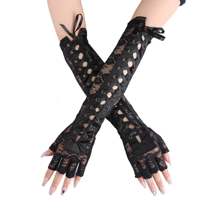Fashion Girls Fingerless Fishnet Party Gothic Lolita Ribbon Mittens Women Sexy Lace Long Gloves Cosplay Elbow Half-finger Gloves