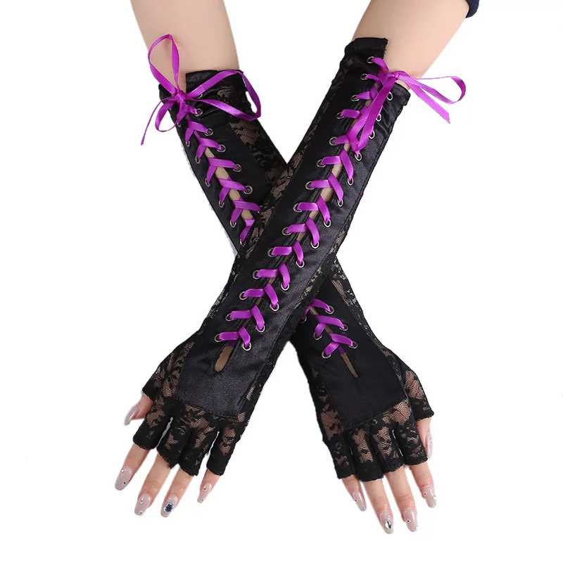 Fashion Girls Fingerless Fishnet Party Gothic Lolita Ribbon Mittens Women Sexy Lace Long Gloves Cosplay Elbow Half-finger Gloves